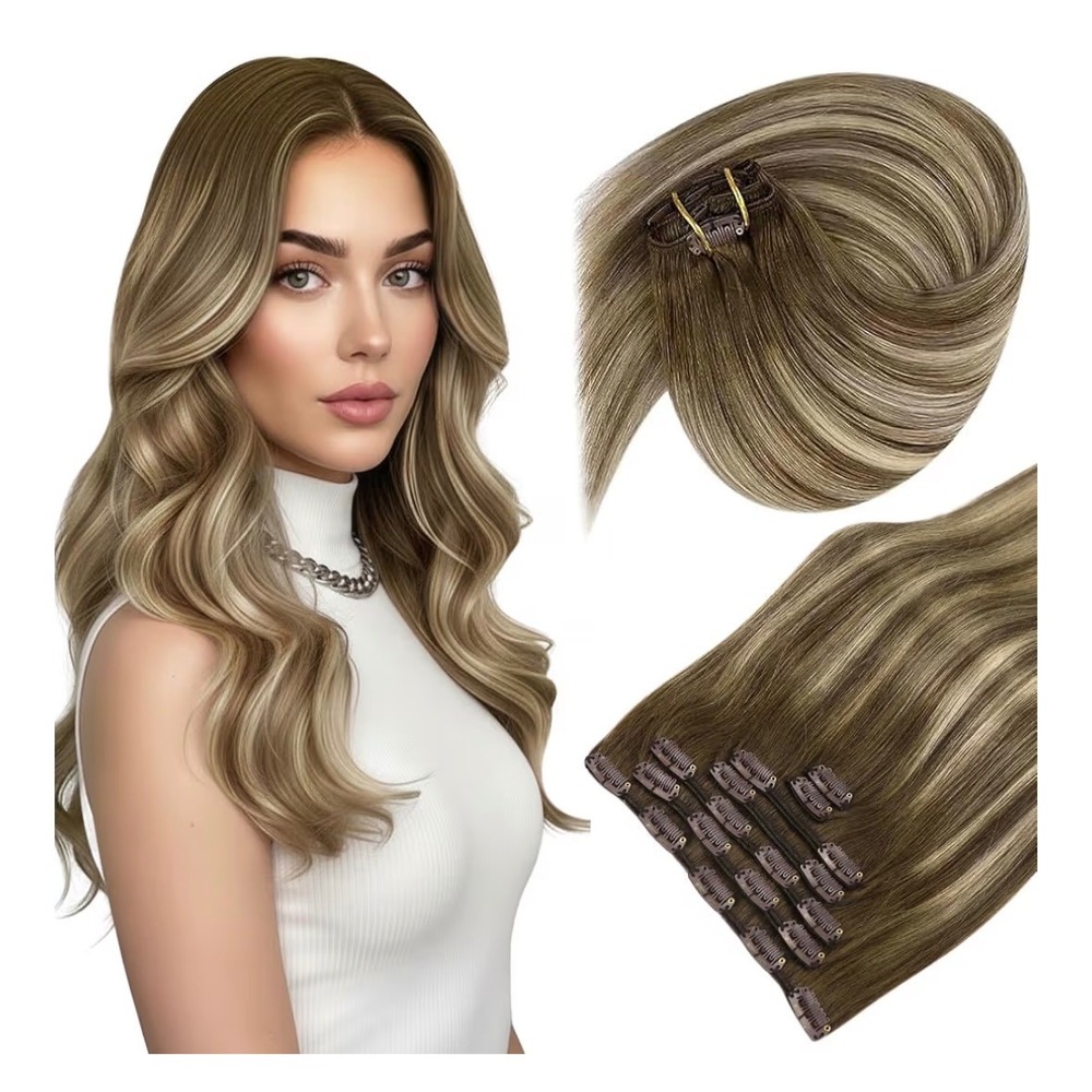 Sunny Hair Clip in Hair Extensions Real Human Hair Balayage Brown 120g New